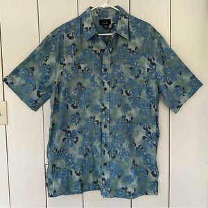 VTG 90s LL Bean Outdoors Fishing Floral Print Button-Up Shirt Sz L Hawaiian Blue